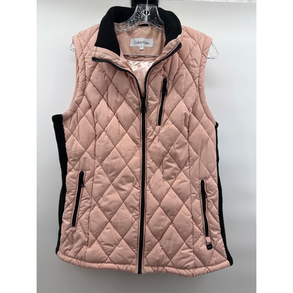 Calvin Klein Womens Quilted Vest Pink Black Ribbed Knit Full Zip Large Preppy